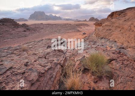 Red sandstone rocks formations with few dry shrubs or bushes in Wadi Rum (also known as Valley of the Moon) desert, Jordan. Clouds over mountains back Stock Photo