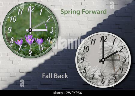 Spring forward, Fall Back. Two wall clocks. Transition of time, the change to daylight saving time, the shift to summer or winter time, move the hands Stock Photo