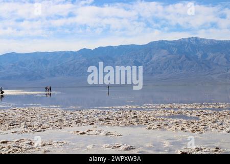 Tourists on Reflective Salt Flats, Death Valley Stock Photo