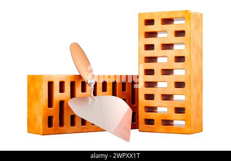 Red Bricks and Masonry Trowel. Construction and building concept. 3D rendering isolated on white background Stock Photo