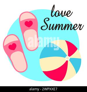 Love summer. Beach flip-flops and an inflatable striped ball. Vector illustration in flat style. Stock Vector