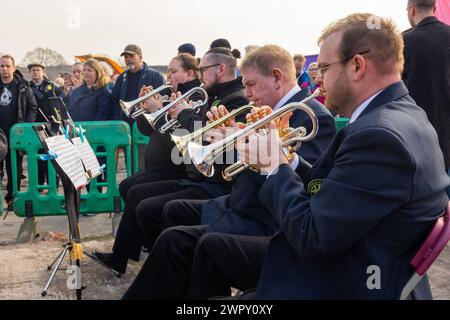 Doncaster, UK. 09 MAR, 2024. Members of the  Hatfield & Askern Colliery Band perform music at the Hatfield Colliery. Credit Milo Chandler/Alamy Live News Stock Photo