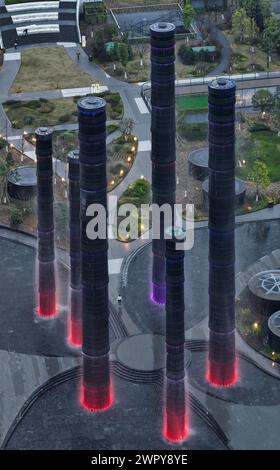 March 6, 2024 - Chengdu, Sichuan: Aerial view of SKP towers and New Century Global Center Mall at night Stock Photo