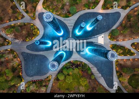 March 6, 2024 - Chengdu, Sichuan: Aerial view of SKP towers and New Century Global Center Mall at night Stock Photo