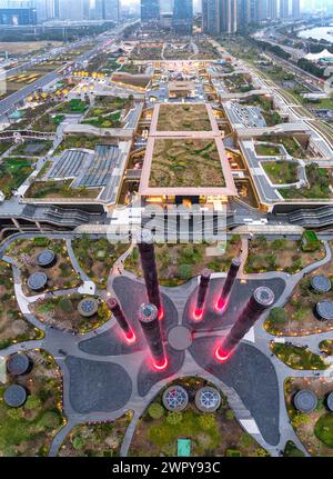 March 6, 2024 - Chengdu, Sichuan: Aerial view of SKP towers and New Century Global Center Mall at night Stock Photo