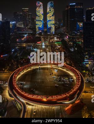 March 6, 2024 - Aerial nighe view of Chengdu Twin Towers, in the CBD Stock Photo