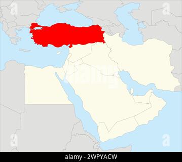 Red map of TURKEY inside highlighted beige map of the Middle East Stock Vector
