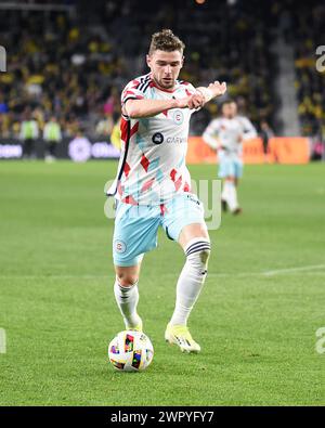 Columbus, Ohio, USA. 9th Mar, 2024. Chicago Fire FC Hugo Cuypers (9) handles the ball against the Columbus Crew in their match in Columbus, Ohio. Brent Clark/Cal Sport Media/Alamy Live News Stock Photo