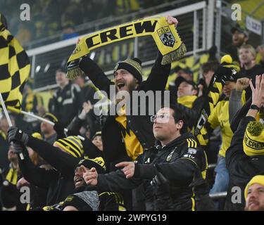 Columbus, Ohio, USA. 9th Mar, 2024. Columbus Crew fans celebrate a goal against the Chicago Fire FC in their match in Columbus, Ohio. Brent Clark/Cal Sport Media/Alamy Live News Stock Photo