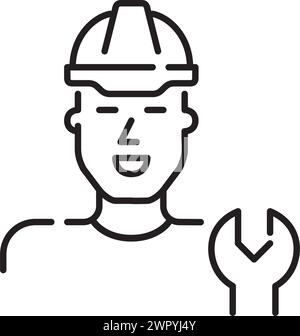 Man in hard hat with wrench. Skilled technician in engineering and construction. Pixel perfect vectory icon Stock Vector