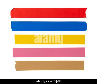Top view set of multicolor adhesive vinyl tape or cloth tape in stripe shape is isolated on white background with clipping path. Stock Photo