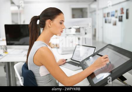 Female designer, sketch or digital pen on touch screen in artistic, design or creation of nft media. Graphic artist, woman or draw on monitor in Stock Photo