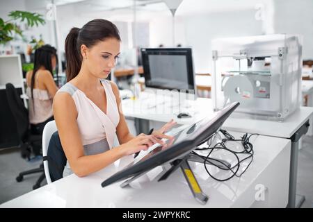 Female designer, touch and digital pen on screen in artistic, design and creation of nft media. Graphic artist, woman or hand on monitor in technical Stock Photo