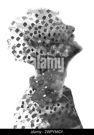 A double exposure paintography profile silhouette filled with brush ...