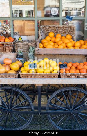 Oranges, lemons, grapefruit for sale on a cart outside Eagles Fine Foods shop. Deddington, Oxfordshire, England Stock Photo