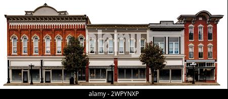 Turn of the century style storefront facade isolated on a white background. Digital "Brick & mortar store in a town square setting on Main Street USA. Stock Photo