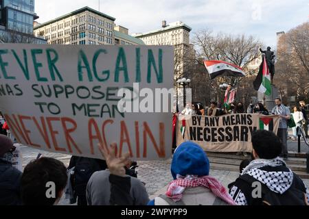 Manhattan, United States. 08th Mar, 2024. Group shot of the Global Strike for Gaza rally and march on International Women's Day in New York City on March 9th, 2024. Credit: SOPA Images Limited/Alamy Live News Stock Photo