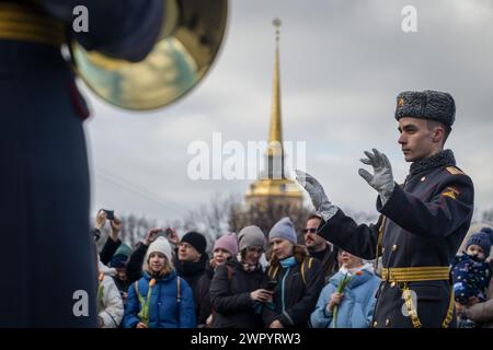 St. Petersburg, Russia. 08th Mar, 2024. Performance by the Leningrad Military District Orchestra on Palace Square dedicated to the celebration of International Women's Day on March 8 in St. Petersburg. Celebrating International Women's Day on March 8 in St. Petersburg, Russia. Credit: SOPA Images Limited/Alamy Live News Stock Photo