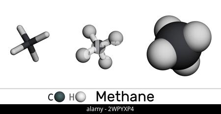 Methane CH4 molecule. Various 3D molecular models on a white background. 3D rendering. Illustration Stock Photo