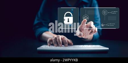 Cybersecurity concept, user privacy security and encryption, secure internet access Future technology and cybernetics, screen padlock. Lock icon and i Stock Photo