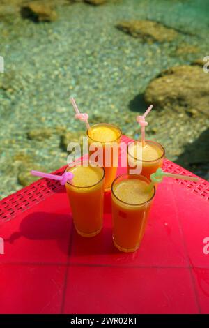 orange juice, riverside restaurant, God's Bridge, Akchour, Talassemtane Nature Park, Rif region, morocco, africa Stock Photo