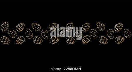 Beautiful gold border with Easter eggs composition. Seamless horizontal string, ribbon. Holiday design for invitation, banner, greeting card. Vector i Stock Vector