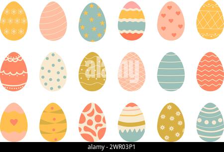 Set of cute colorful Easter eggs with patterns. Traditional religious Easter symbols. Decorative elements collection. Vector illustration Stock Vector