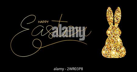 Elegant greeting card design. Happy Easter banner with gold glittering rabbit silhouette on dark background. Cute bunny for branding, label, kids invi Stock Vector