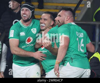 London, UK. 09th Mar, 2024. James Lowe of Ireland (Leinster) celebrates his 2nd Try during Guinness 6 Nations Rugby Round 4 match between England against Wales at Twickenham stadium, London on 09th March, 2024 Credit: Action Foto Sport/Alamy Live News Stock Photo