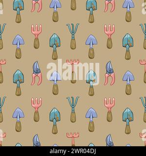 Seamless pattern with garden tools: shovels, rakes, pruning shears on a beige background. Stock Vector