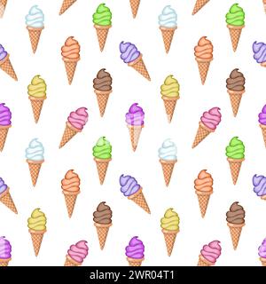 Multi-colored fruit ice cream in waffle cones. Seamless pattern. Vector illustration. Stock Vector