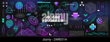 Geometry wireframe 3d mesh shapes, wavy lines and grids. Retro futuristic graphic design elements with neon purple gradient in vaporwave style. Retro y2k abstract forms, spheres and perspective tunnel Stock Vector