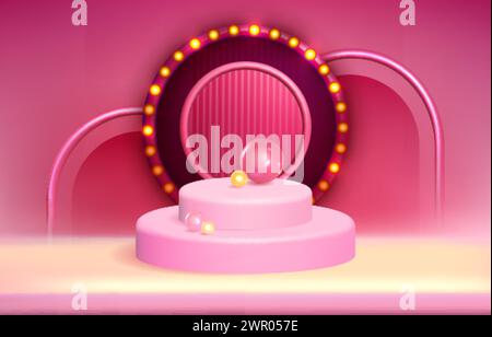 Circle stage with round frame and glowing light bulbs. Pink podium with sphere and glowing arch. Studio room platform for showcase, product or cosmetic presentation realistic vector illustration. Stock Vector
