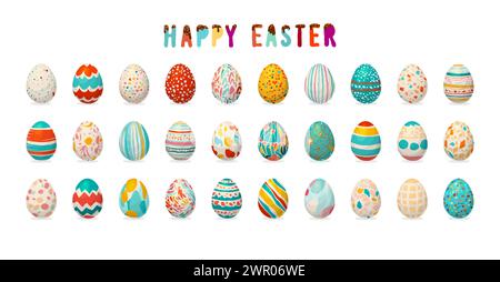 Happy Easter banner with wishes, set of colored decorated eggs with patterns and ornaments of dots and spots. Modern flat seasonal illustration, vinta Stock Vector