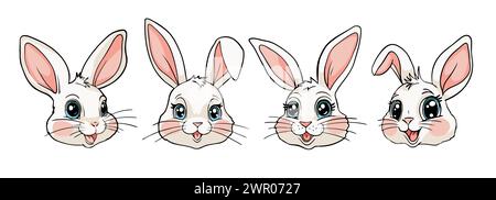 Head of a cute little bunny with big eyes and pink ears, set of Easter masks, flat vector illustration, farm animal, color line drawing isolated on wh Stock Vector