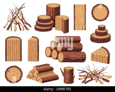 Cartoon firewood. Pile of cut wooden logs, firewood bundle for campfire or fireplace, tree trunk and branches. Vector isolated set Stock Vector