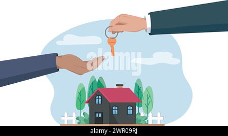 A vector illustration of a hand giving a house key to another, with a home background signaling property ownership transfer. Stock Vector