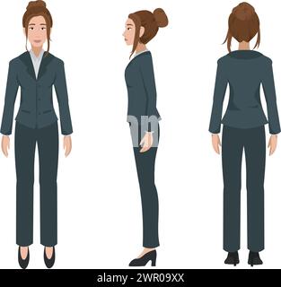 Vector illustration of a professional businesswoman from three distinct angles: frontal, side, and rear. The character has dark suit and white shirt. Stock Vector