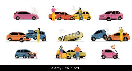 Cartoon car crash. Wrecked broken crashed vehicles on road, car accident with damage and driver injury. Vector isolated set Stock Vector