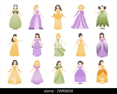Cute princess character. Cartoon fairy tale medieval girls with different hair style and dress up costume, fantasy royalty. Vector isolated set Stock Vector