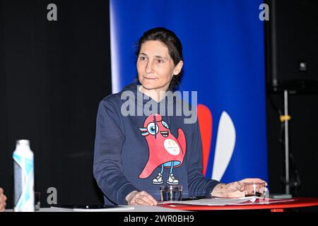 Paris, France. 09th Mar, 2024. Minister of Youth, Sports, Olympic and Paralympic Games (Paris 2024 Olympics) Amelie Oudea-Castera during the Yonex badminton Open (Internationaux de France) at Adidas Arena on March 9, 2024 in Paris, France. Photo by Victor Joly/ABACAPRESS.COM Credit: Abaca Press/Alamy Live News Stock Photo