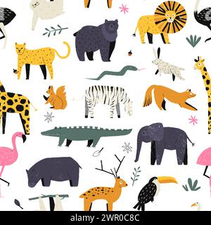 Childish animals pattern. Seamless print with cute cartoon safari animals, colorful background for kids wrapping paper textile design. Vector texture Stock Vector