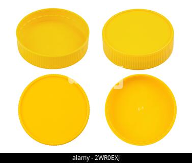Yellow plastic lid isolated on white background. Plastic round jar lid. File contains clipping path. Stock Photo