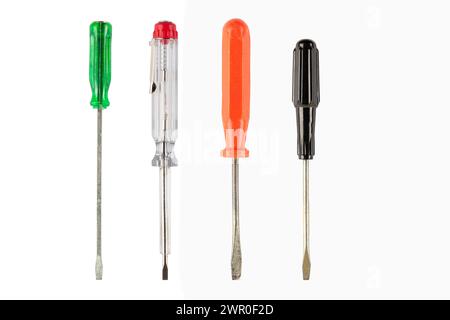 Set of multi-colored screwdrivers flat head isolated on white background. Work tool. File contains clipping path. Stock Photo