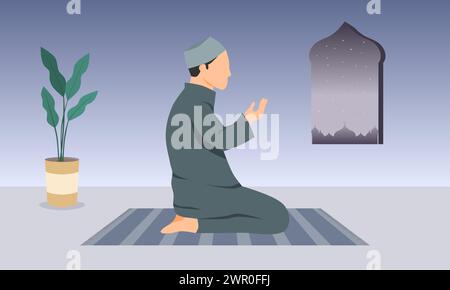 A Muslim man praying at home. A Muslim man sitting on prayer mat. Vector illustration. Stock Vector