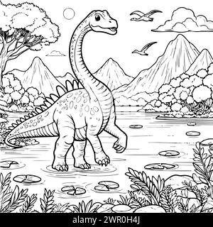 coloring draw dinosaur brontosaurus in the river background and happy black and white version good for kids Stock Vector
