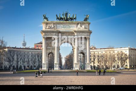 The triumphal arch known as Arco della Pace, or the Arch of Peace, Milan, Lombardy, Italy. Stock Photo