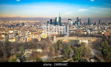 Aerial view of Milan looking northeast from Branca Tower past Atletica Meneghina and towards Porta Nuova, Lombardy, Italy Stock Photo