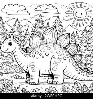 coloring draw dinosaur stegosaurus happy in the jungle background black and white version good for kids Stock Vector