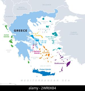 Greek island groups, islands of Greece, political map. The greek islands are traditionally grouped into clusters, most of them lying in the Aegean Sea. Stock Photo